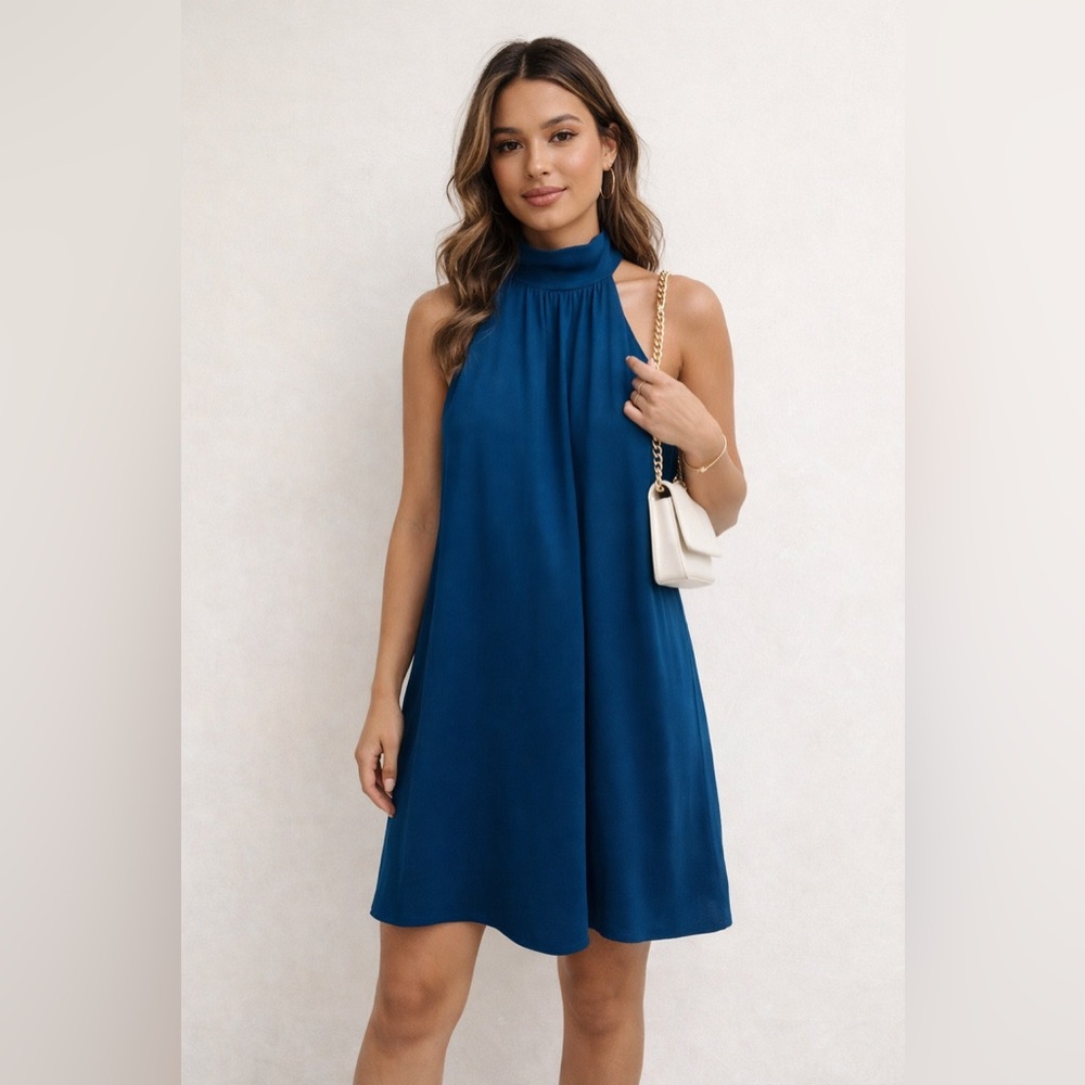 Susana Monaco Teal Turtle Neck Pleated Dress Sz. L